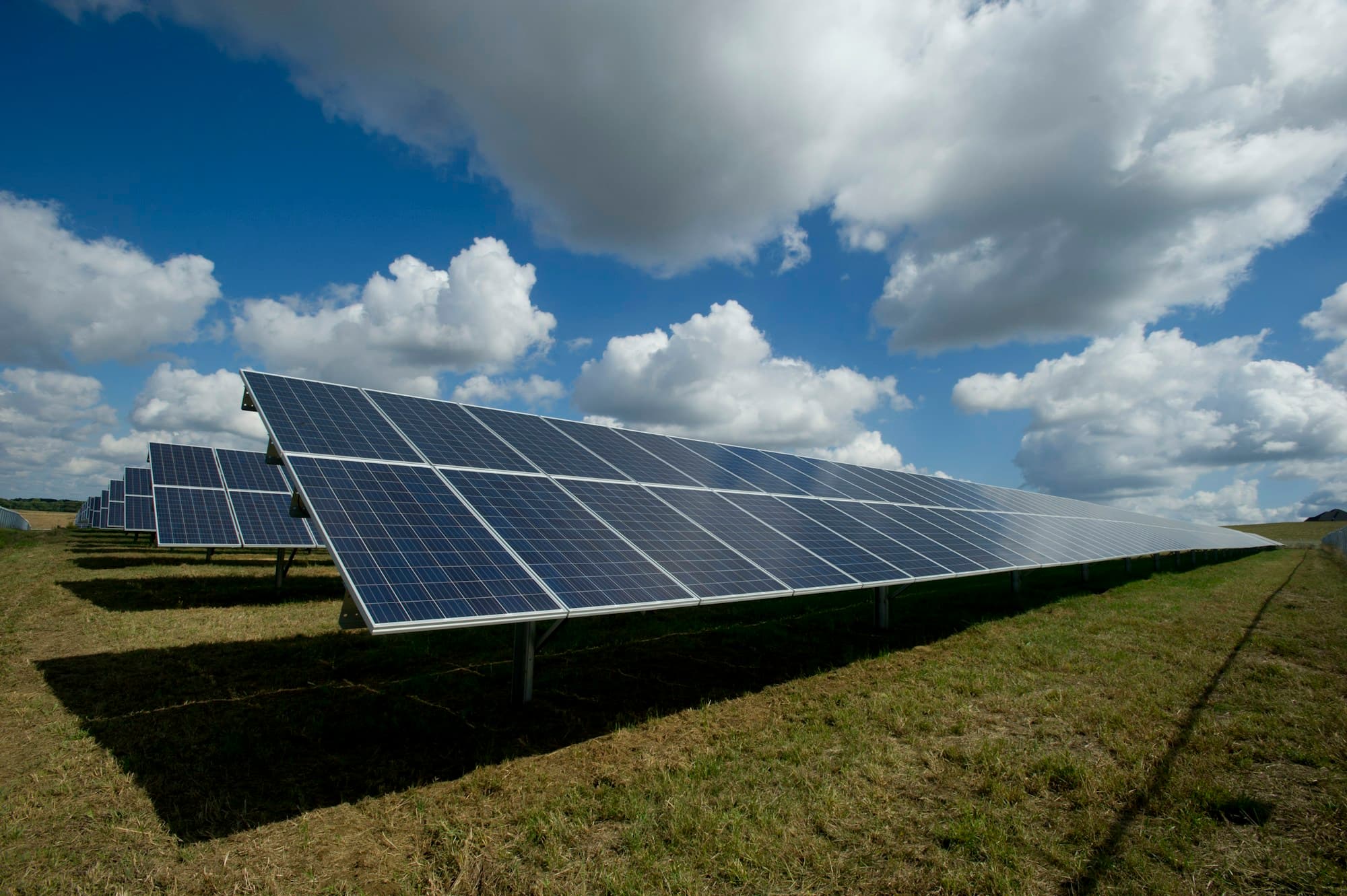 Rows of solar panels across an open field
